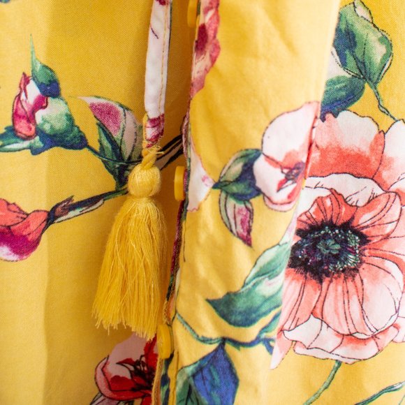 Band of Gypsies M Yellow and Pink Floral Button Tied Off Shoulder Viscose Hi-Low - Picture 4 of 14